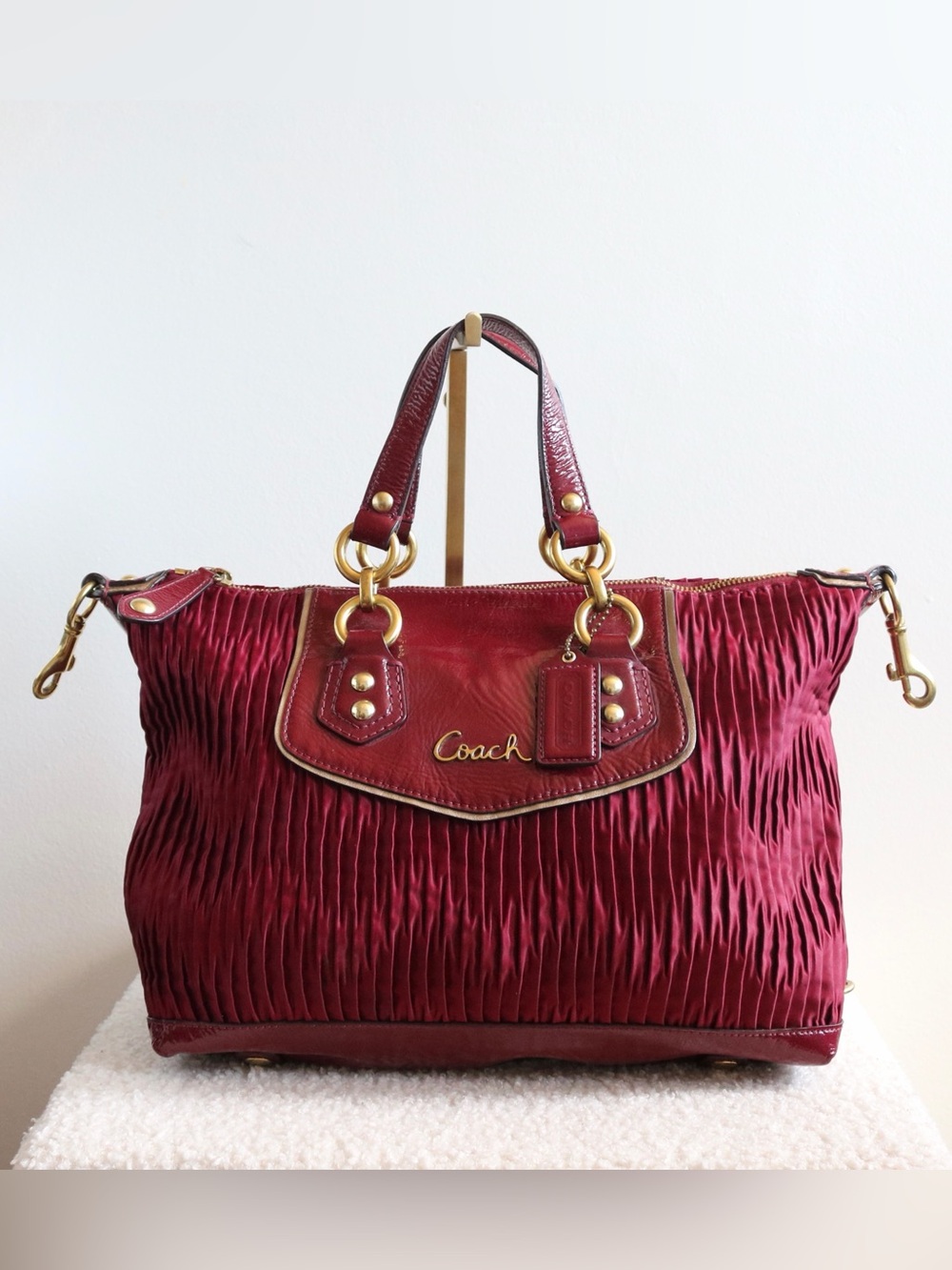 Vintage Coach Ashley Gathered Sateen Satchel  Dark Cherry Red Gold Hardware
